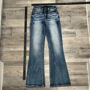 Blue Flare Wide Leg Jeans with Medium Wash and Whiskering